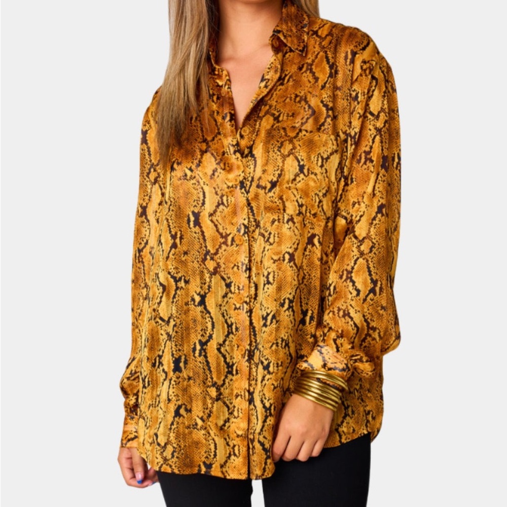 Buddy Love Gold & Black Button-Up Portia Blouse in Snake Charmer Print Size L